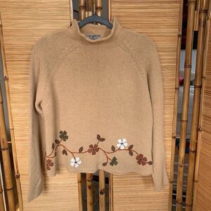 Curio Fall Applique Leaves and Flowers Cropped Mockneck Sweater Sz M